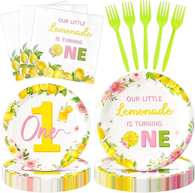 96Pcs Lemon 1st Party Plates Supplies Pink Yellow Our Little Lemonade Is