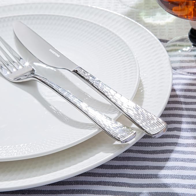 Silverware Set for 12, 60 Piece Flatware Set, 18/10 Stainless Steel | Hammered