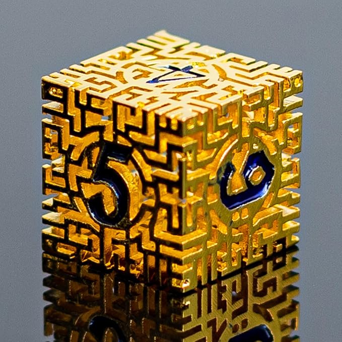 Golden Metal Hollow DND Dice Set Metallic Luster Maze Design