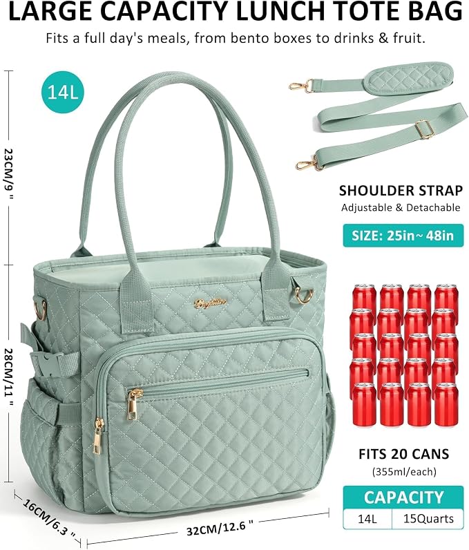 Lunch Box for Women Insulated Lunch Bag Quilted Soft Cooler Tote | 7 Pocket