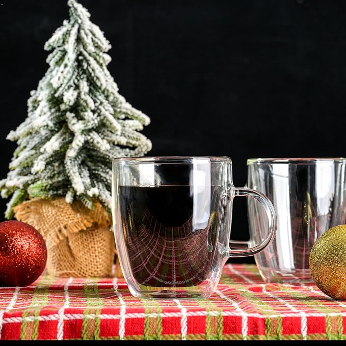 Wlasss Double Wall Insulated Glass Coffee Mugs set of 4-13 oz Clear Hand Blown