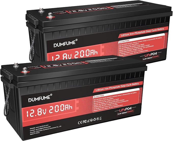 2 pack Dumfume 12V 200Ah LiFePO4 Lithium Battery, 2560Wh Energy, 1280W Load