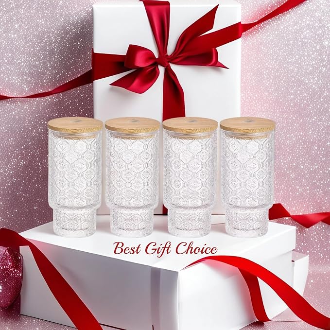 Vintage Glass Cups with Bamboo Lids and Straws–4Sets 11oz Iced Coffee Cups