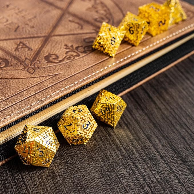 Golden Metal Hollow DND Dice Set Metallic Luster Maze Design