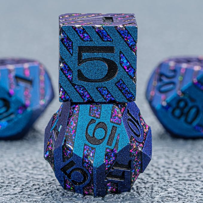 Metallic Glitter Stripes D&D Dice Set, RPG Metal Dice Set Dungeons and Dragons