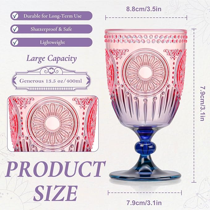 XUWAIDSGN 6Pcs Plastic Vintage Wine Glasses 13.5oz Reusable Embossed Goblet