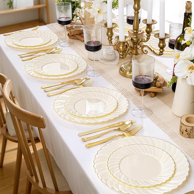 YOUBET 125PCS Ivory Scalloped Plastic Plates