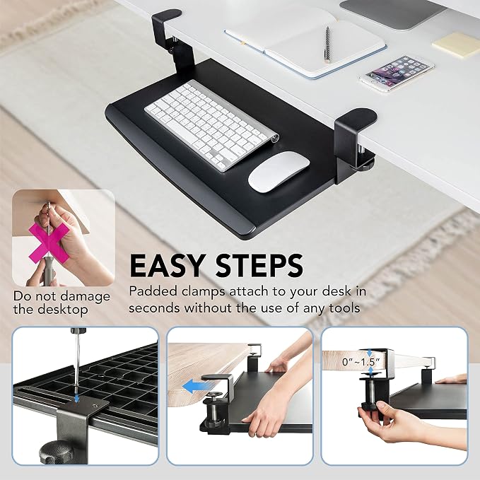 EHO Clamp-On Retractable Adjustable Keyboard Tray, Under Desk Ergonomic