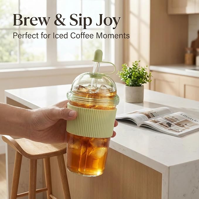 Reusable Ices Coffee Cups with Lids and Straws 17oz, Boba Cup with Straw