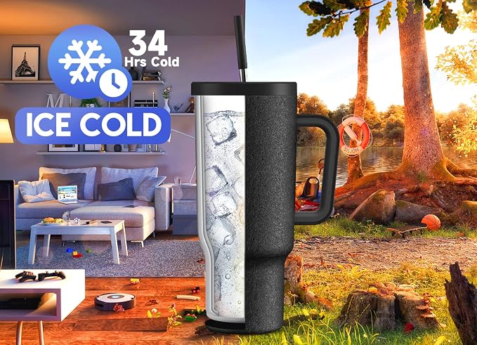 Meoky 40oz Tumbler with Handle, Leak-proof Lid and Straw, Insulated Coffee Mug