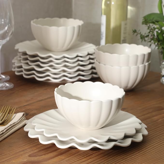 Gibson Elite Bistro Fleur Plates and Bowls Sets, 12-Piece Stoneware Dinnerware