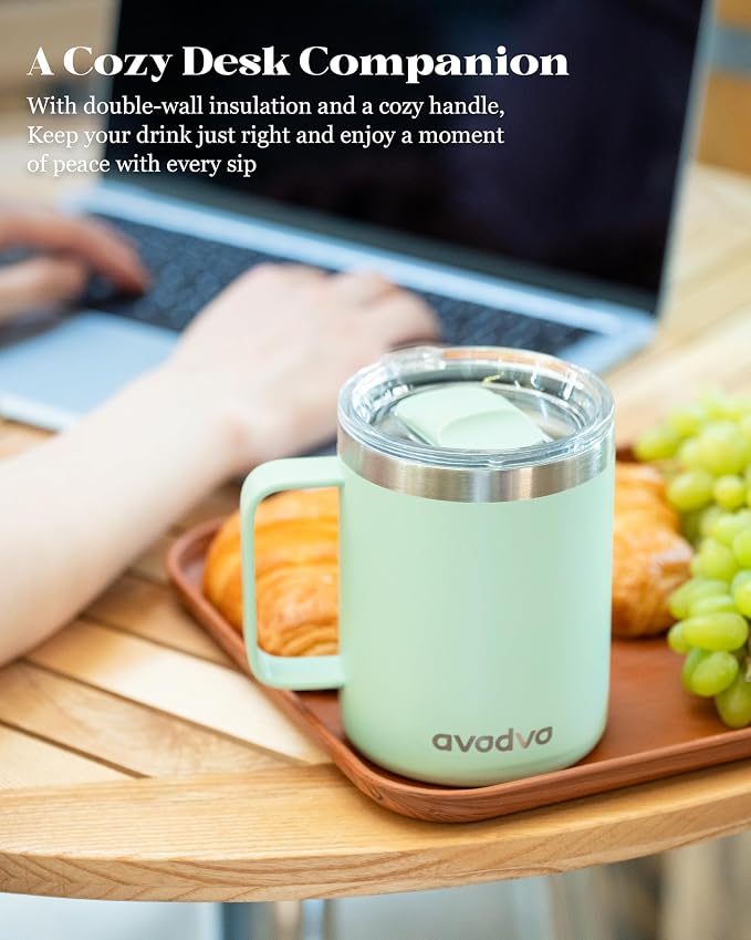 12oz Insulated Coffee Mug with Lid – Includes Two Lids, Stainless Steel Coffee