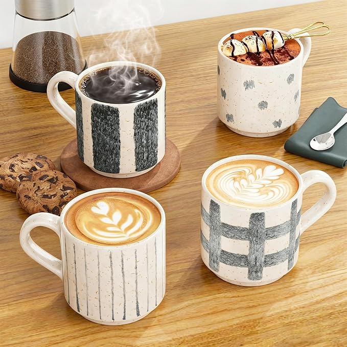 Pilnocok Ceramic Coffee Mugs Set of 4, 10 oz Blue and White Pattern Cups |