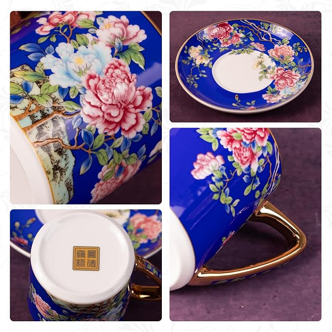 KAMMAK Tea Cup and Saucer, Ceramic Coffee Cups, 7.4 oz, Afternoon Tea and
