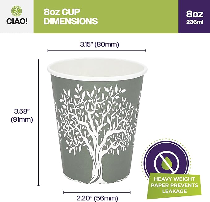 CIAO! 8oz Paper Hot Cup, Rooted Olive Print