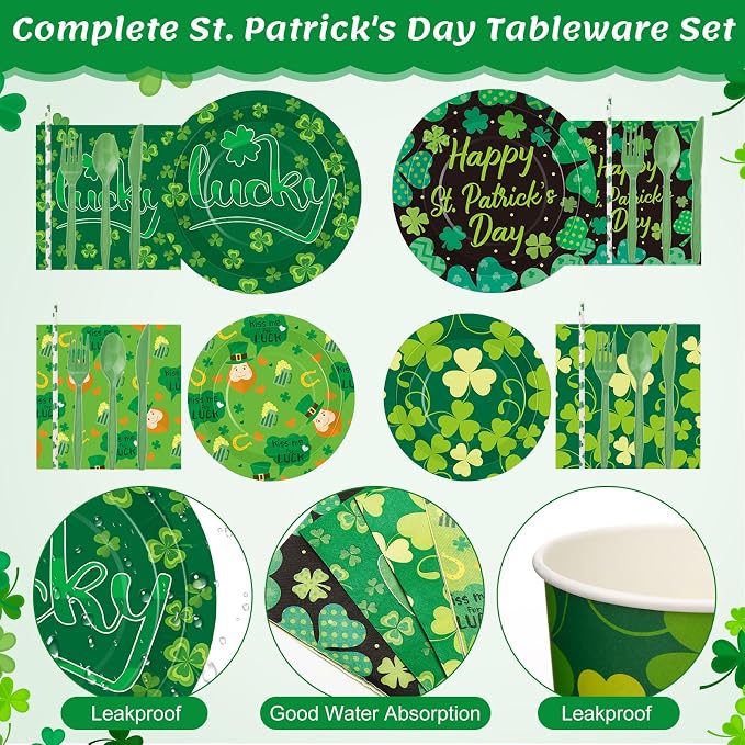450 Pcs Happy St. Patrick's Day Tableware Set Decoration Serves 50 | Lucky