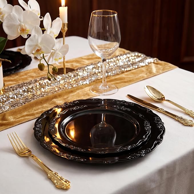 U-QE 100PCS Black Plastic Plates, Heavy Duty Black Plates Including 50PCS 10''