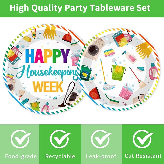 96Pcs Housekeeping Week Decorations, Cleaning Icons Plates Napkins Forks