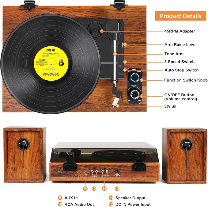 Vinyl Record Player with External Speakers, 3 Speed Bluetooth Turntable