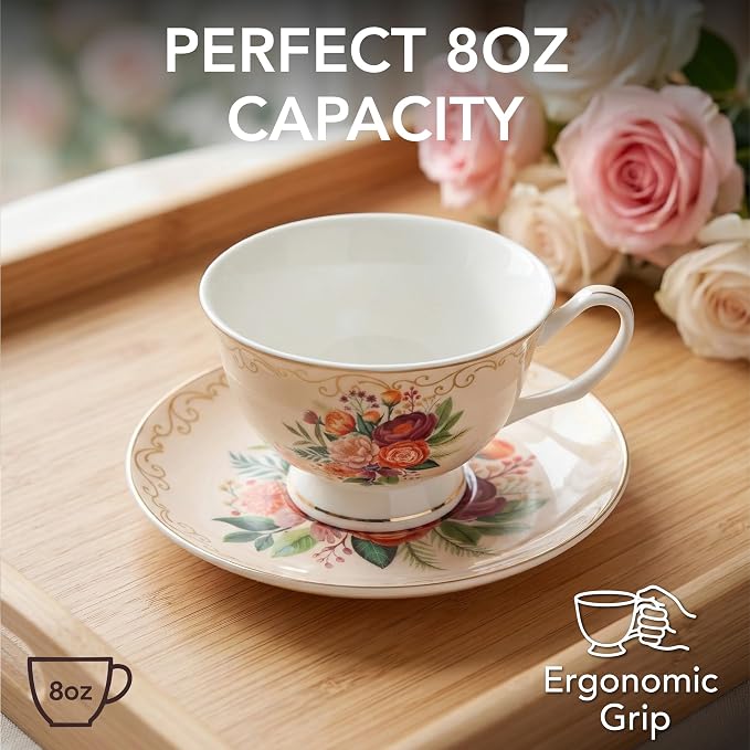 BTaT- Floral Tea Cups and Saucers, 8 oz, Fine Porcelain Teacup Set