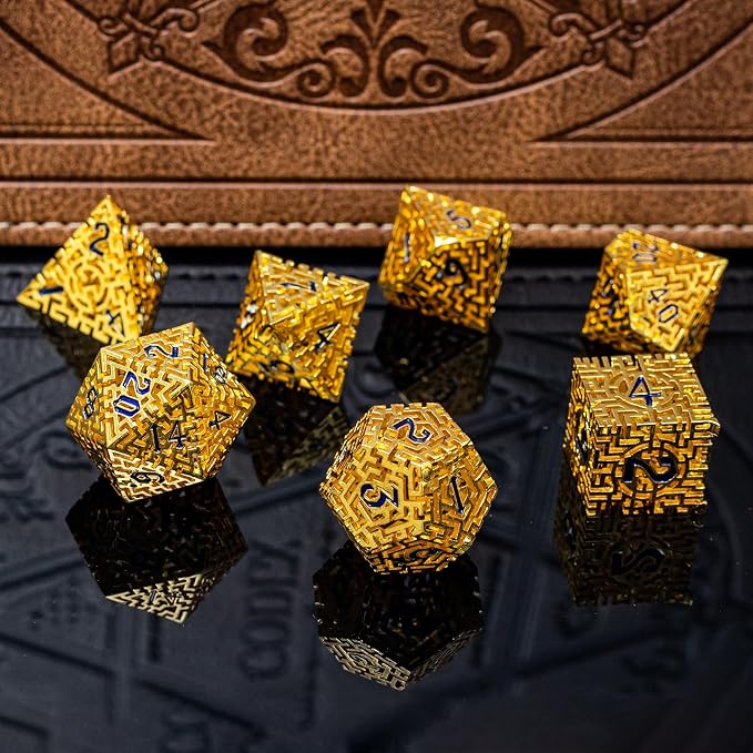 Golden Metal Hollow DND Dice Set Metallic Luster Maze Design