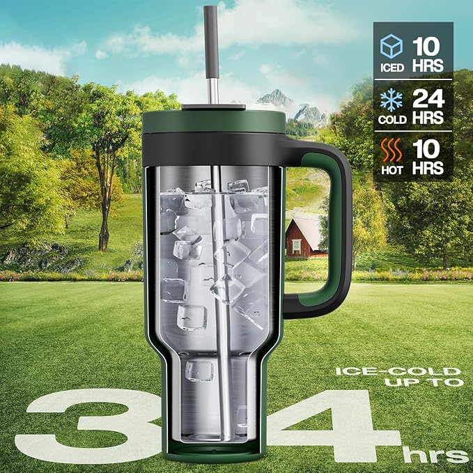 POWCAN 40 oz Tumbler with Handle, 2-in-1 Straw and Sip Lid, Dishwasher Safe