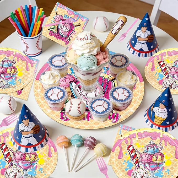 EUOYUFO 96Pcs Ice Cream Party Decorations Tableware Set Ice Cream Baseball Drip