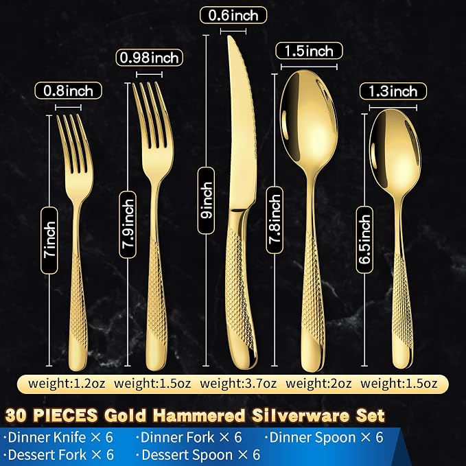 30-Piece Hammered Gold Silverware Set