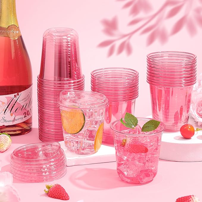 KesaPlan 50 Pack 12 oz Pink Round Bottom Plastic Party Cups