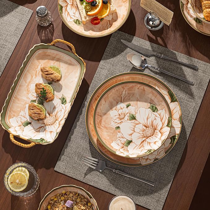 Ceramic Dinnerware Set, Floral Plates and Bowls Sets, Microwave & Dishwasher