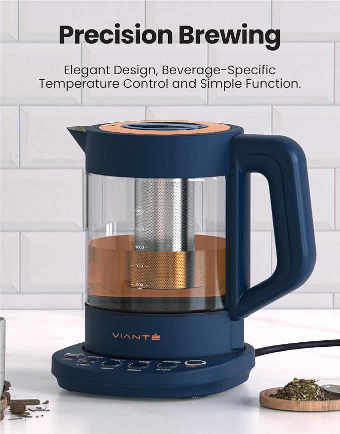 Viante Alba Electric Tea Kettle, No Plastic, Midnight Blue | Borosilicate glass