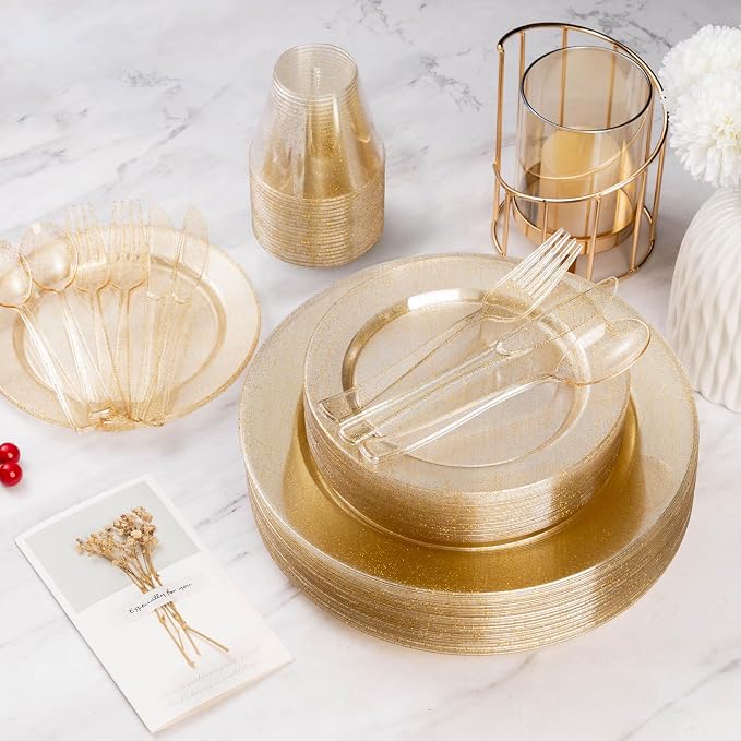 600 Piece Gold Glitter Disposable Plates