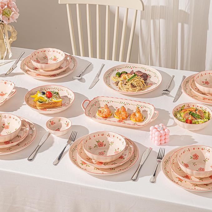 Ceramic Dinnerware Set, Floral Plates and Bowls Sets, Microwave & Dishwasher