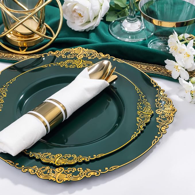 Nervure 350Pcs Green Plastic Plates, Plastic Dinnerware Set