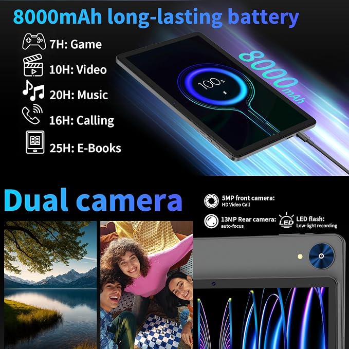 Android 15 Tablet with Keyboard, 26GB+256GB, 10.1 Inch Tablet 8000 mAh Battery