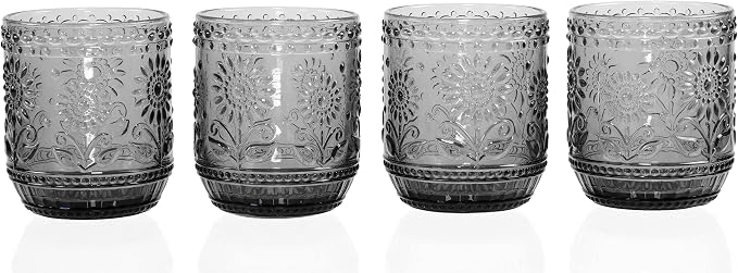 Red Co. Vintage Botanist Drinking Glass Set, Luxurious Floral Embossed