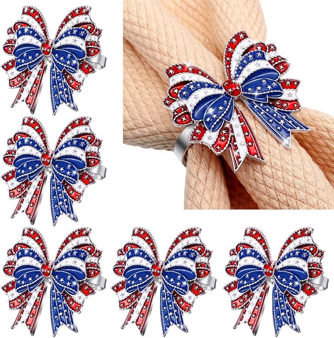 Geiserailie 6 Pieces Patriotic Napkin Rings 4th of July Bow Napkin Ring Holder
