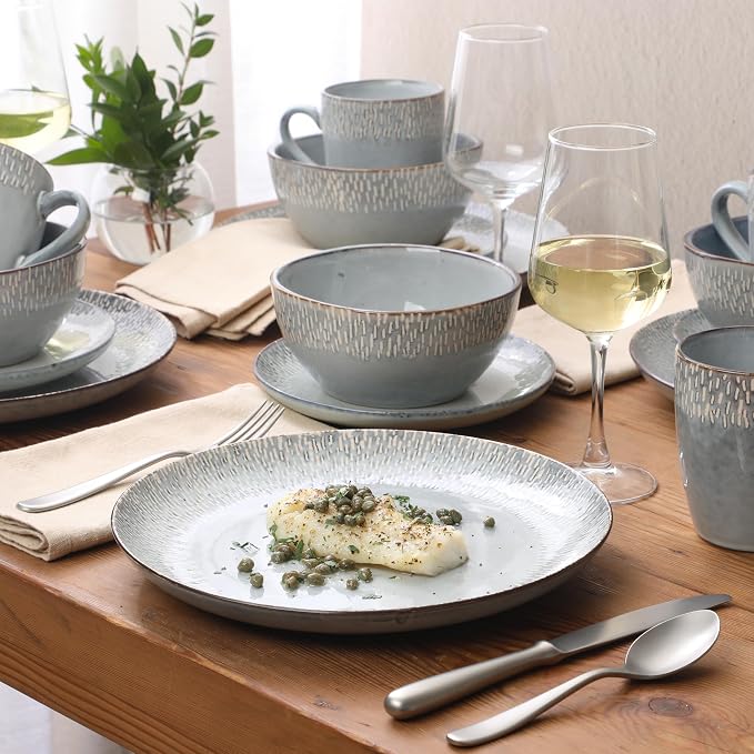 Gibson Elite Jasper 16 Piece Plates and Bowls Reactive Glaze Dishes Stoneware
