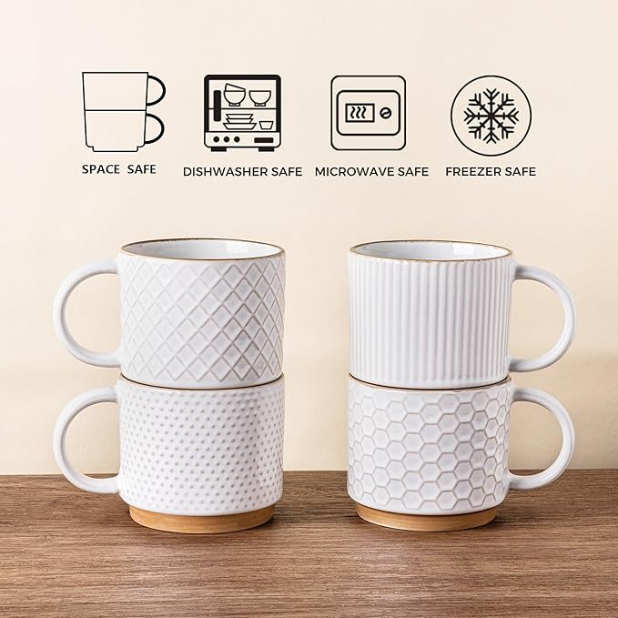GBhome 15 OZ Stackable Coffee Mugs Set of 4, Ceramic Coffee Cups Set | 4
