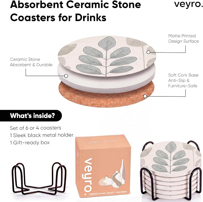 VEYRO Ceramic Coasters Set of 6 or 4 – Absorbent Stone Drink Coasters