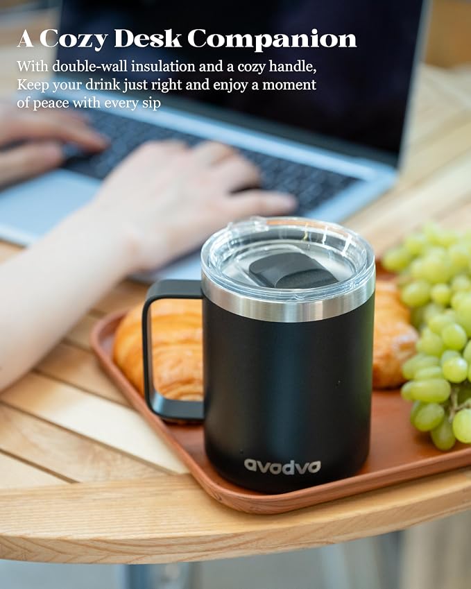 12oz Insulated Coffee Mug with Lid – Includes Two Lids, Stainless Steel Coffee