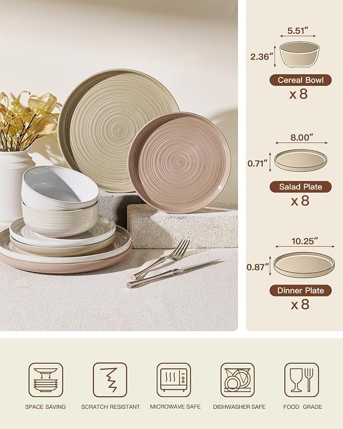 Stoneware Dinnerware Set for 8, Plates & Bowls, Chip & Scratch Resistant