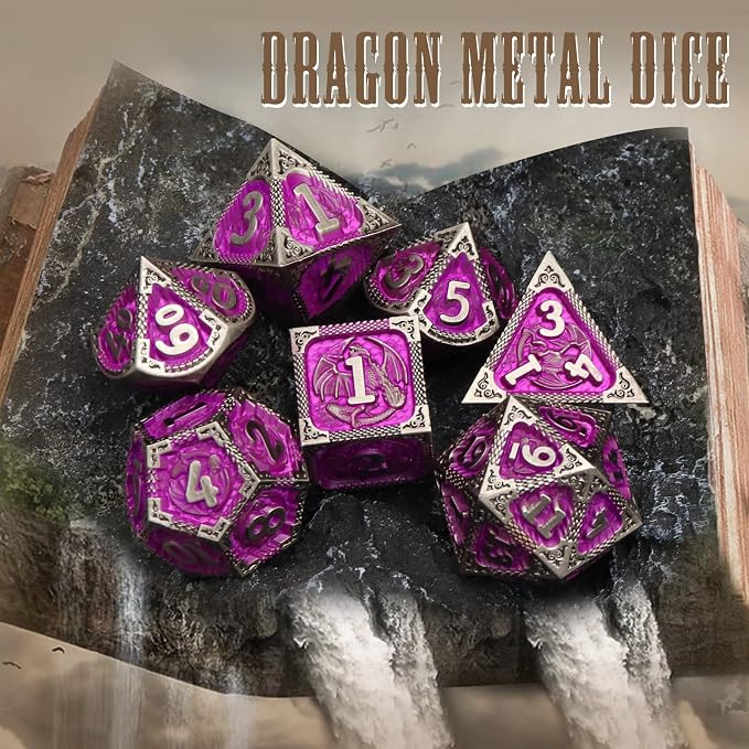 PJOY Metal DND Dice Set with Dice Case Antique Silver Purple Dragon D&D