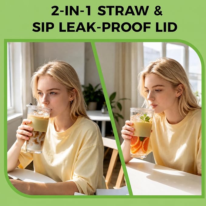 Birity 16oz Glass Cups with Lids and Straws, Glass tumbler With Straw and