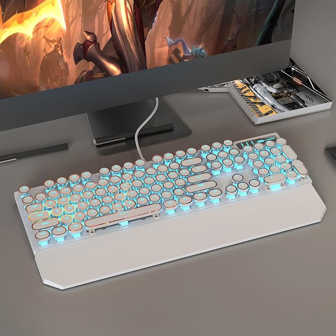 MageGee Typewriter Mechanical Gaming Keyboard, Retro Punk White Round Keycaps