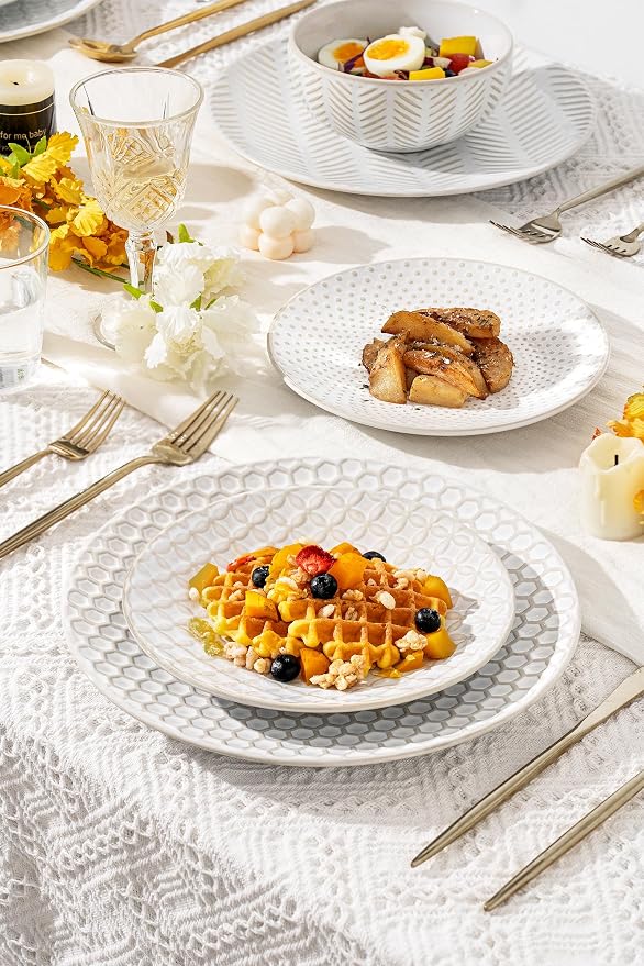 FOBENTA 16-Piece Ceramic Plates and Bowls Set, Dual Bowl Dish Set