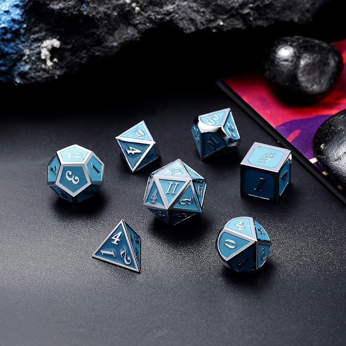 DnDnD Glowing DND Metal Dice Set, Luminous Blue Metal Dice