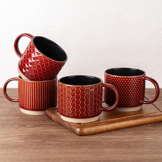 GBhome 15 OZ Stackable Coffee Mugs Set of 4, Ceramic Coffee Cups Set | 4
