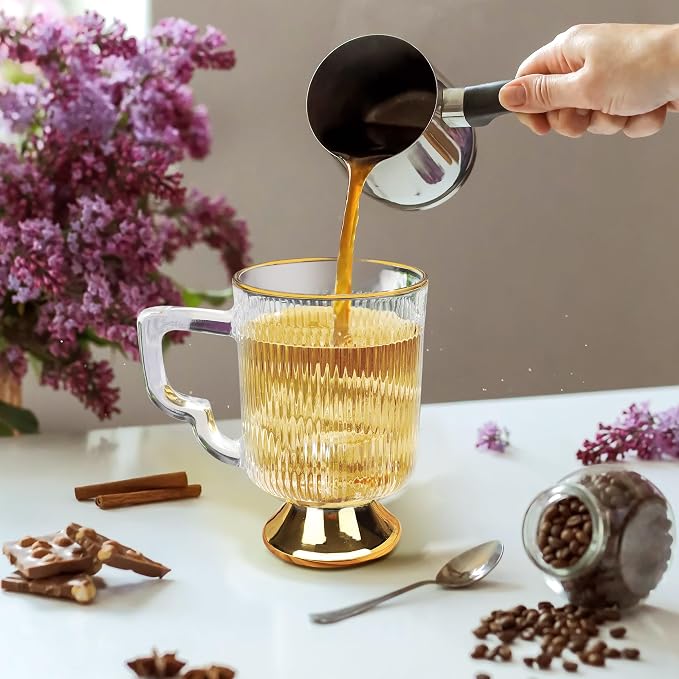 Joeyan Glass Coffee Mugs with Handle, Vintage Ribbed Clear Coffee Cups