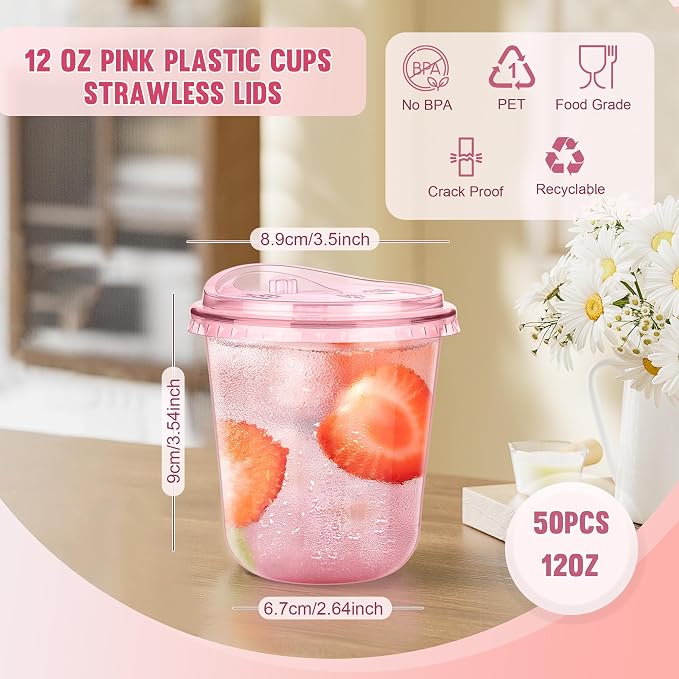KesaPlan 50 Pack 12 oz Pink Round Bottom Plastic Party Cups